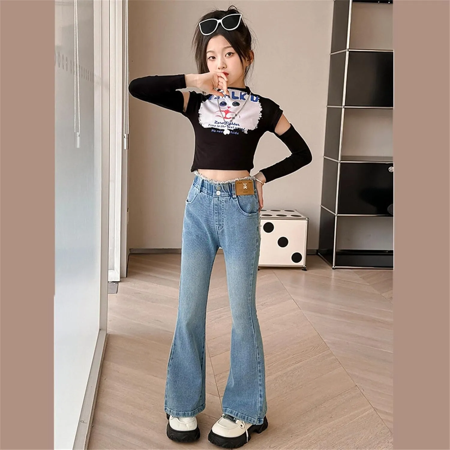 Kids Girls Flare Jeans Elastic High Waist Wide Leg Bootcut Denim Pants with Pockets Slim Fit Y2k Streetwear Trousers Jeans