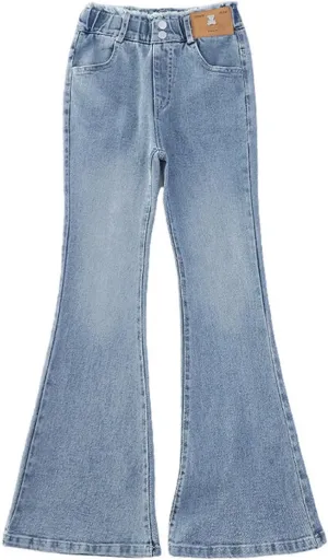 Kids Girls Flare Jeans Elastic High Waist Wide Leg Bootcut Denim Pants with Pockets Slim Fit Y2k Streetwear Trousers Jeans
