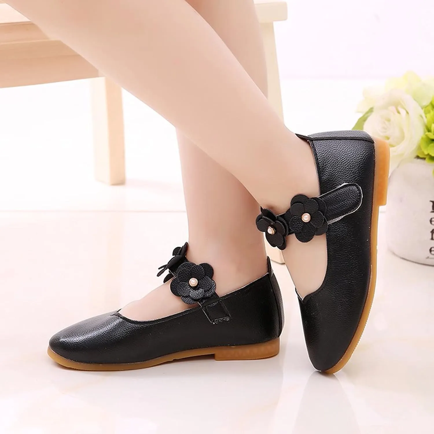 Kids Girls Mary Jane Ballerina Flats Toddler Bridesmaid Non-Slip Soft Slip On Flat Dress Shoes with Flower Strap