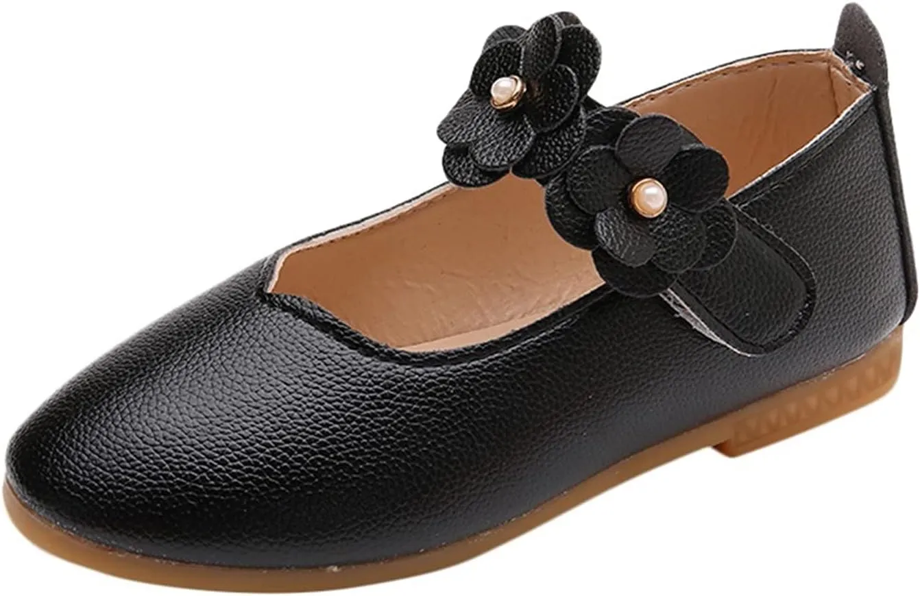 Kids Girls Mary Jane Ballerina Flats Toddler Bridesmaid Non-Slip Soft Slip On Flat Dress Shoes with Flower Strap