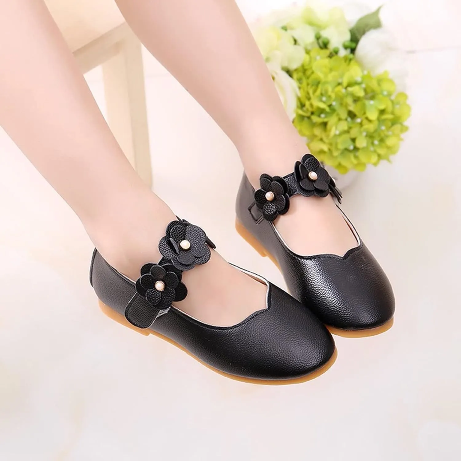 Kids Girls Mary Jane Ballerina Flats Toddler Bridesmaid Non-Slip Soft Slip On Flat Dress Shoes with Flower Strap