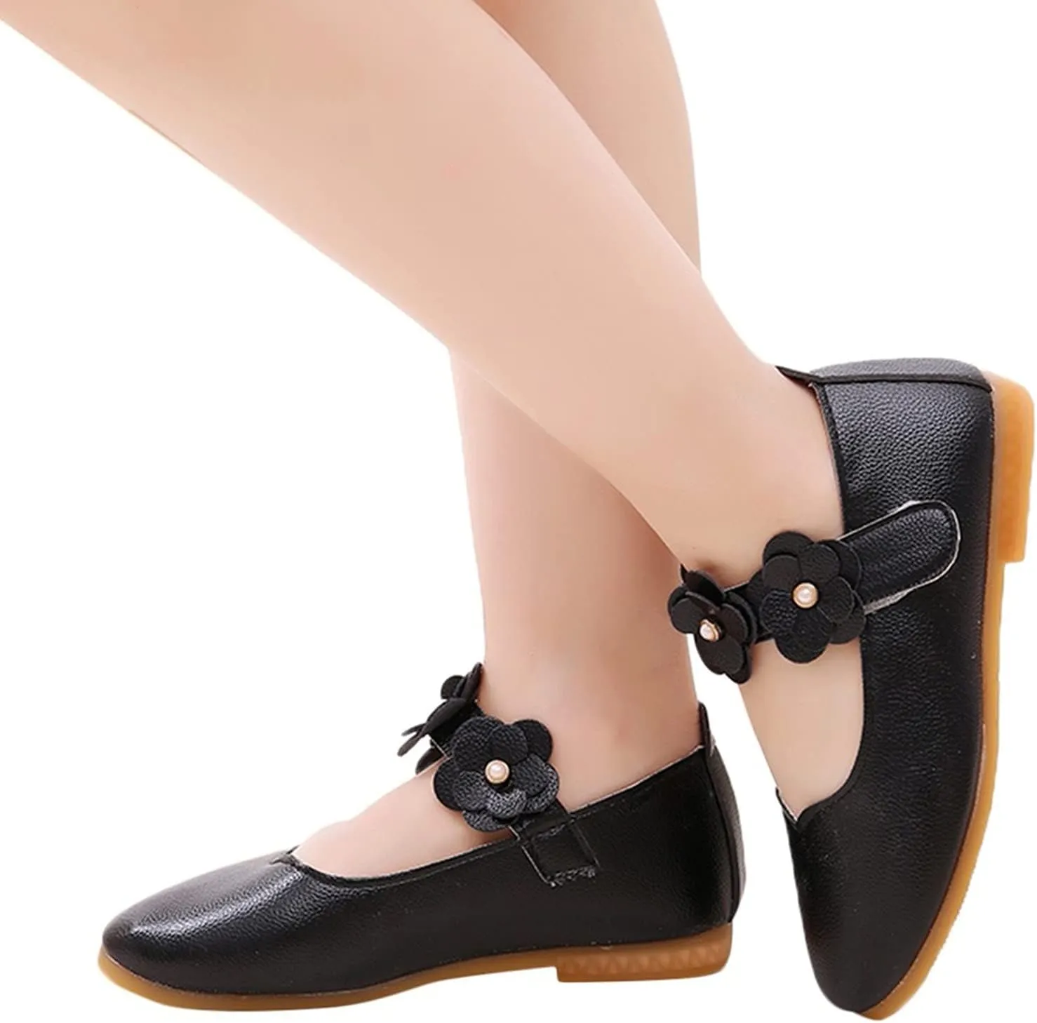 Kids Girls Mary Jane Ballerina Flats Toddler Bridesmaid Non-Slip Soft Slip On Flat Dress Shoes with Flower Strap