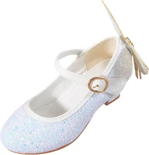 Kids Girls Sparkly Butterfly Mary Jane Wedding Party Shoes Glitter Bridesmaids Low Heels Bunny Shoes for Toddler