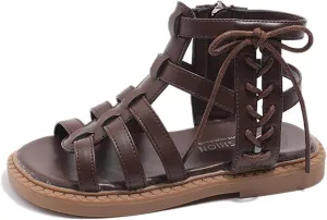Kids High Top Flat Strappy Sandals for Girls, Retro Roman Open Toe Shoes with Ankle Strap, Cute Preppy Big Kid Shoe