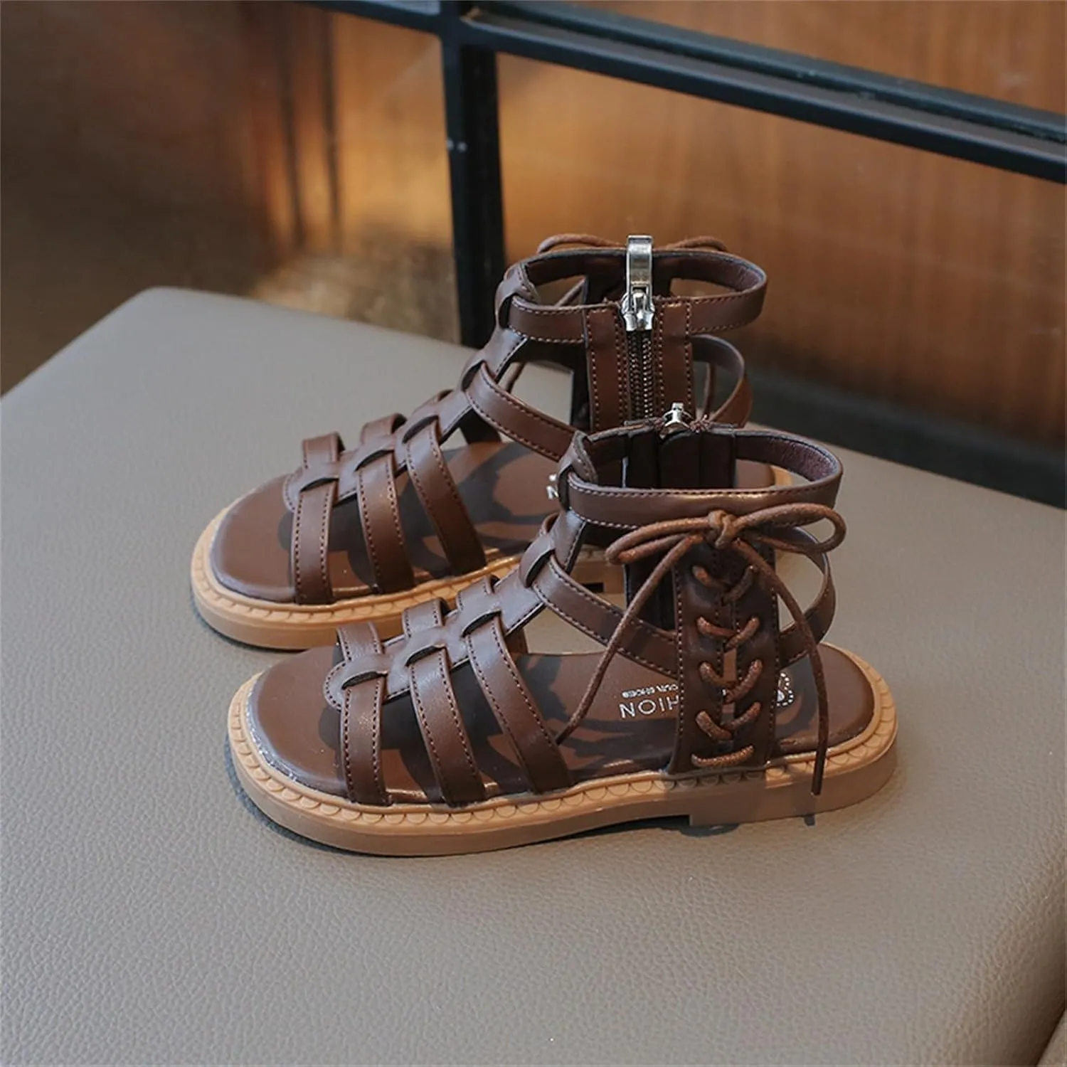 Kids High Top Flat Strappy Sandals for Girls, Retro Roman Open Toe Shoes with Ankle Strap, Cute Preppy Big Kid Shoe