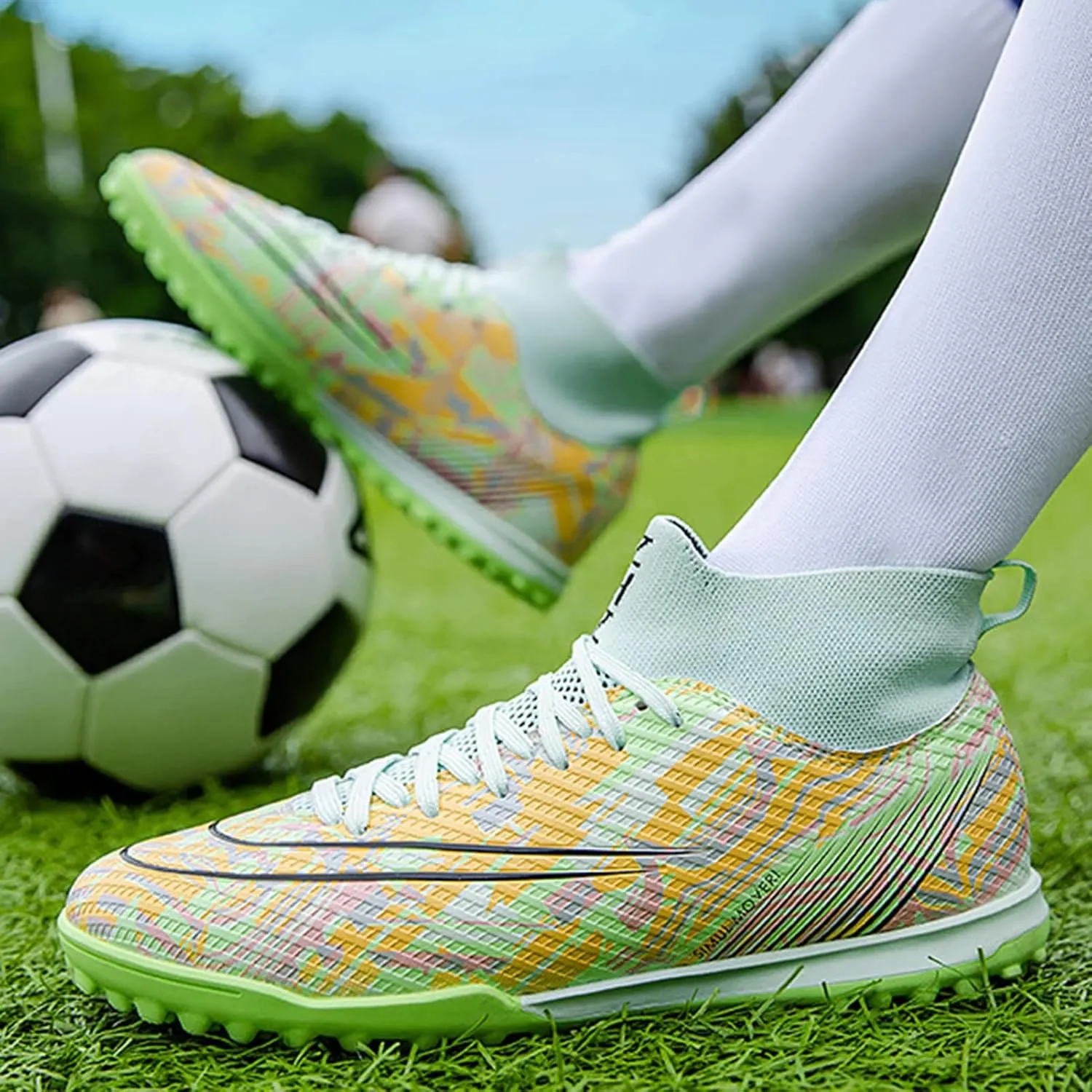 Kids Soccer Cleats,High-Top Lace-Up Outdoor Training Youth Football Cleats,Comfortable Breathable TF Cleats Men Football Shoes,Non-Slip,for Athletics