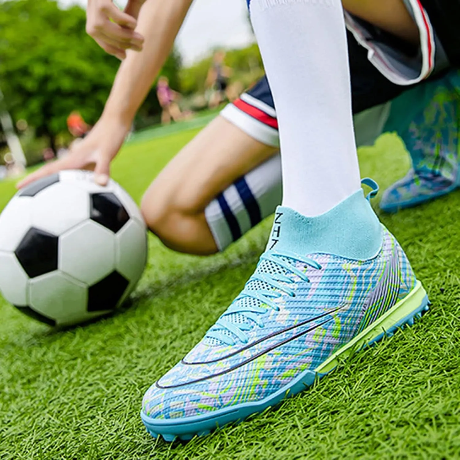 Kids Soccer Cleats,High-Top Lace-Up Outdoor Training Youth Football Cleats,Comfortable Breathable TF Cleats Men Football Shoes,Non-Slip,for Athletics