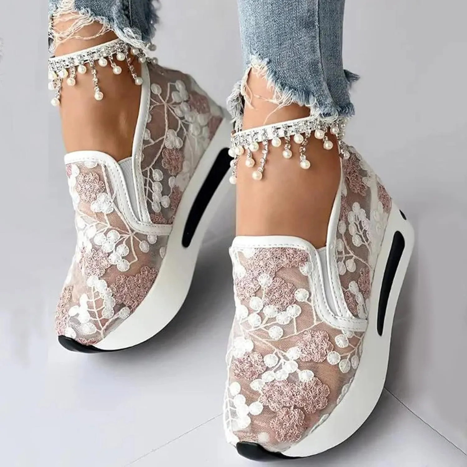 Ladies Fashion Breathable Lace Mesh Flower Embroidery Round Head Thick Bottom Comfortable Casual Men's Shoes