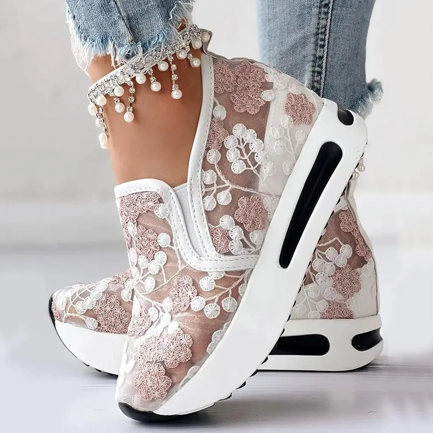 Ladies Fashion Breathable Lace Mesh Flower Embroidery Round Head Thick Bottom Comfortable Casual Men's Shoes