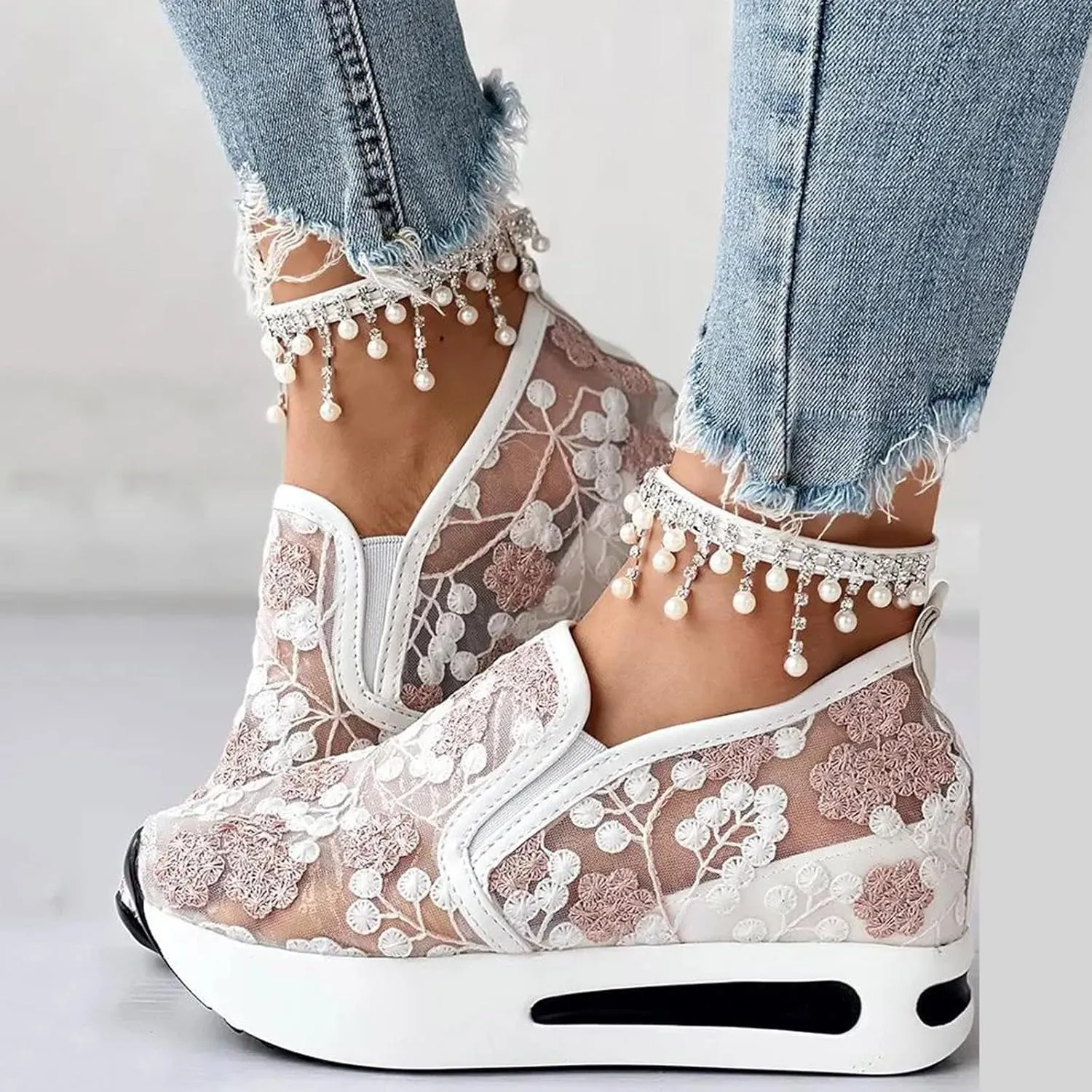 Ladies Fashion Breathable Lace Mesh Flower Embroidery Round Head Thick Bottom Comfortable Casual Men's Shoes