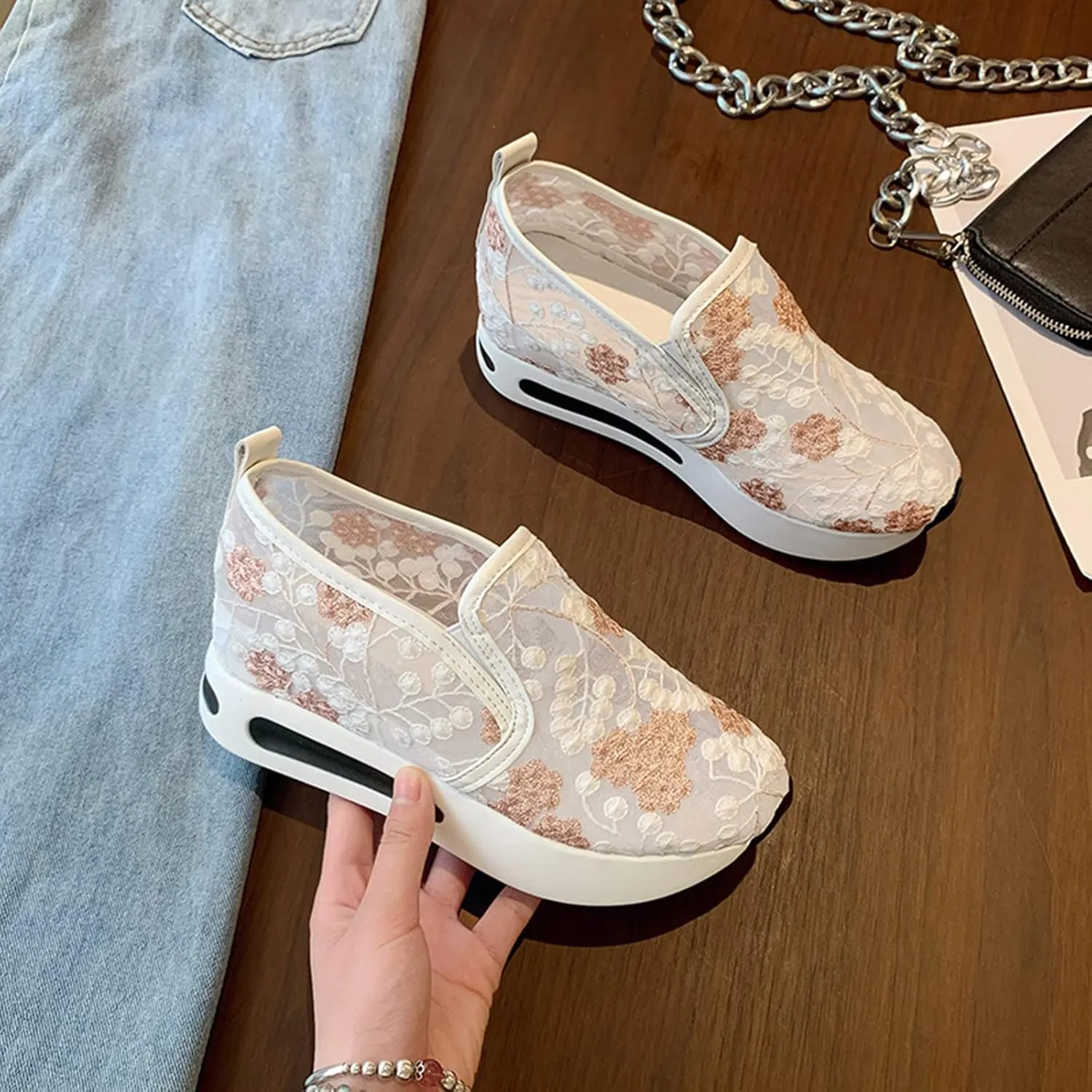 Ladies Fashion Breathable Lace Mesh Flower Embroidery Round Head Thick Bottom Comfortable Casual Men's Shoes