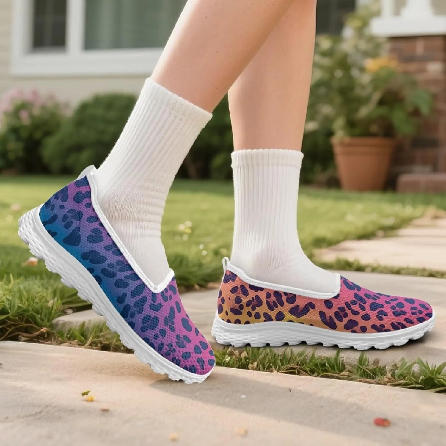 Leopard Print Mesh Slip on Shoes for Women Flats Casual Loafers Mesh Sport Non-Slip Sneakers with EVA Sole
