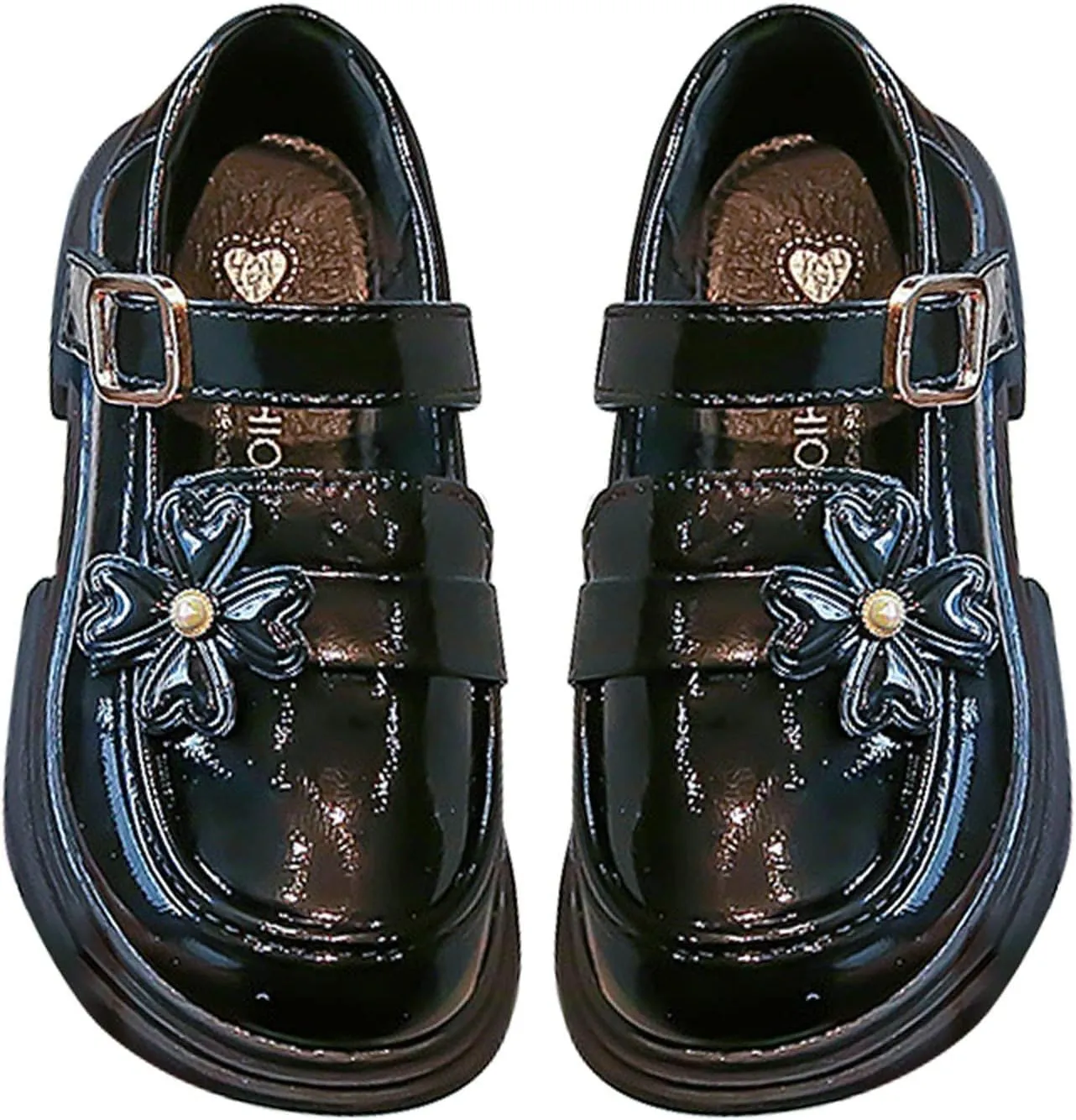 Little Child Girl Flat Loafers Princess Leather Shoes Reflective Shiny Non Slip Shoes with Metal Buckles