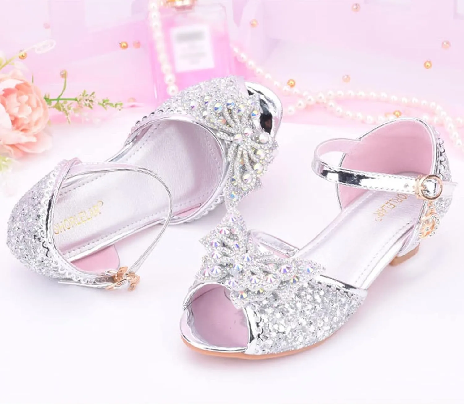 Little Girls Party Wedding Sandals Kids Crystal Heels Princess Open Toe Bow Formal Dress Shoes with Ankle Strap