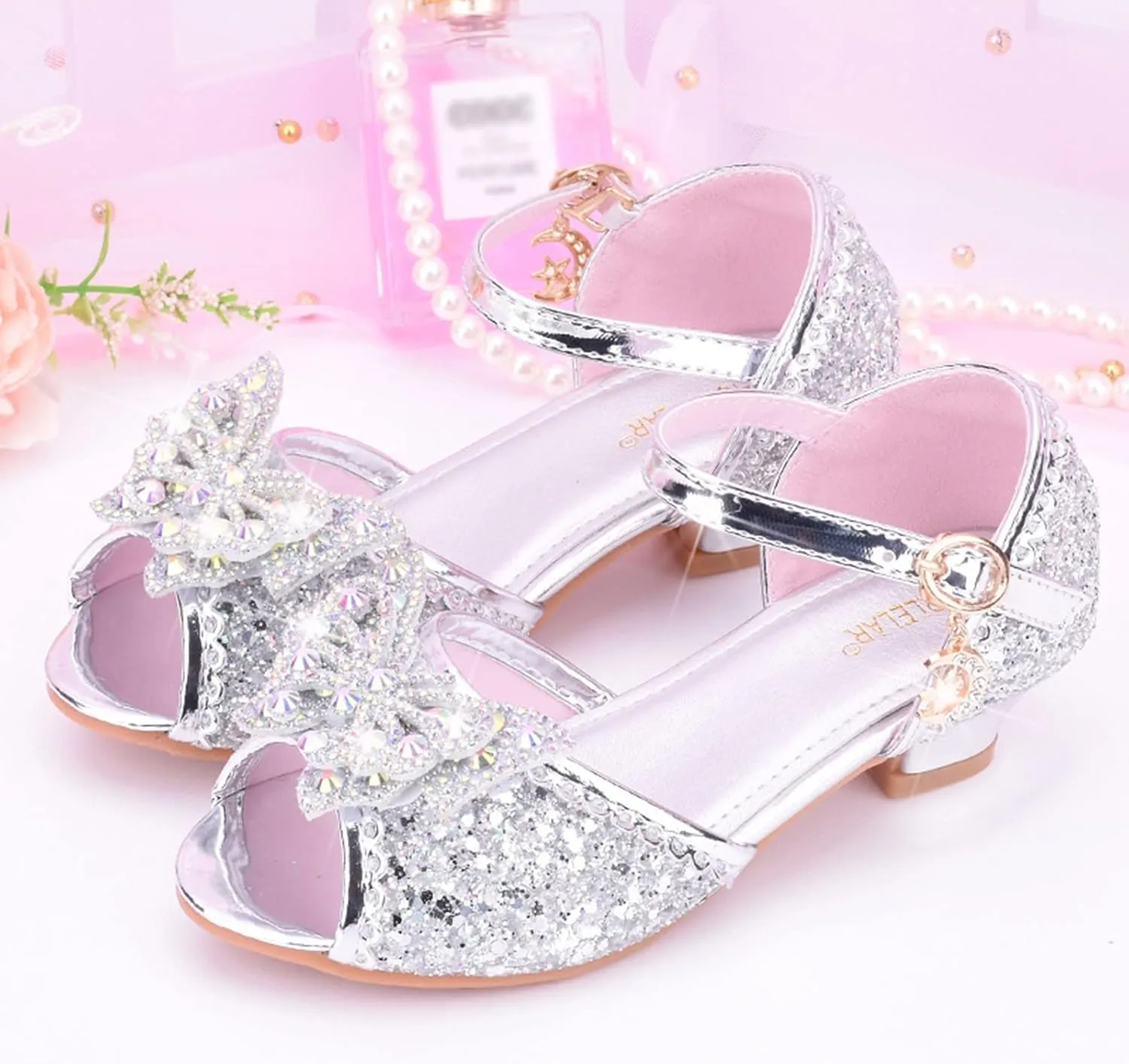 Little Girls Party Wedding Sandals Kids Crystal Heels Princess Open Toe Bow Formal Dress Shoes with Ankle Strap