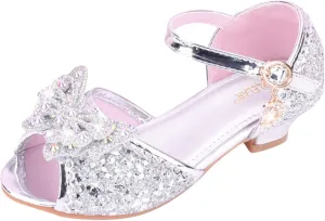 Little Girls Party Wedding Sandals Kids Crystal Heels Princess Open Toe Bow Formal Dress Shoes with Ankle Strap