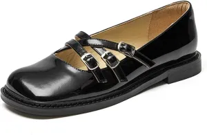 Loafers for Women Women??s Square Toe Patent Leather Flats with Triple Metal Straps Stylish Summer Outdoor Shoes for Girls