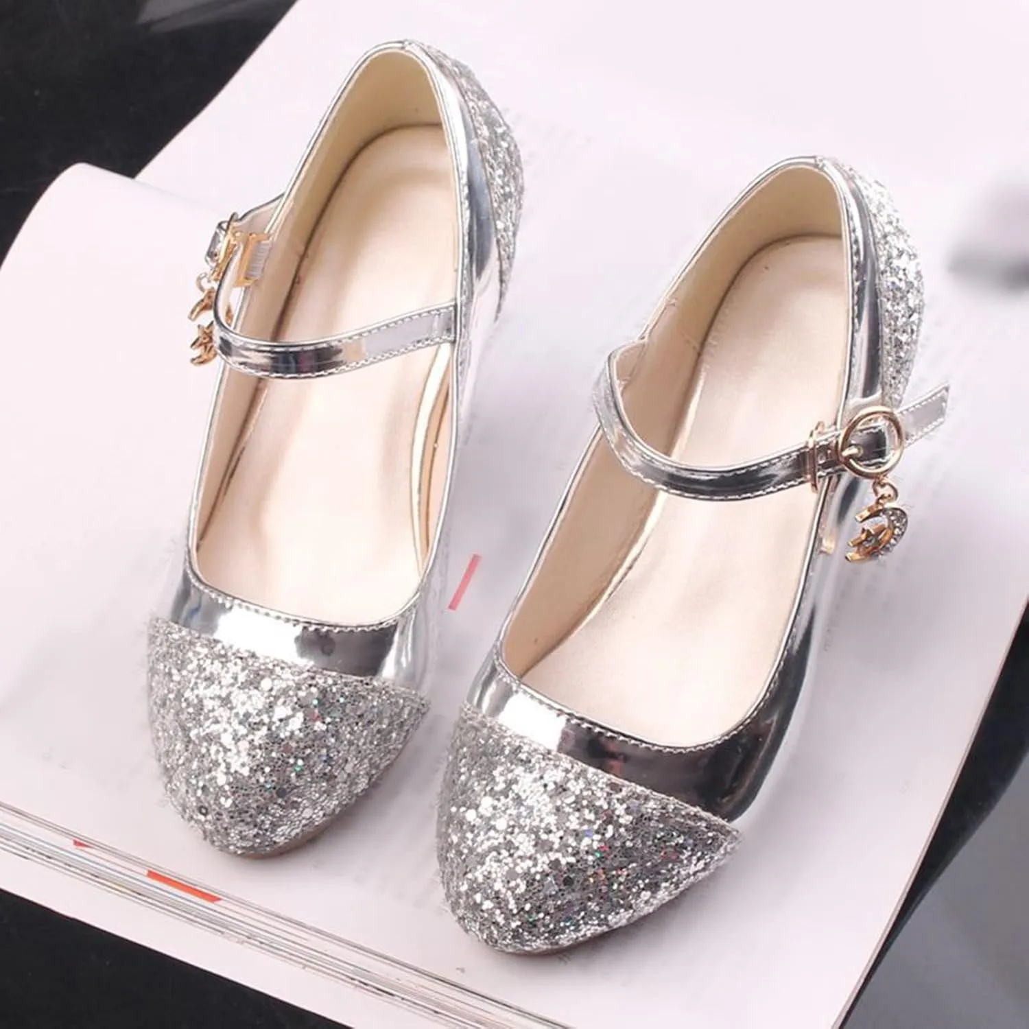 Mary Jane Shoes with Low Heel ??hinestones Princess Flower Girls Wedding Flat?? Dress Shoes for Little Kid/Big Kid
