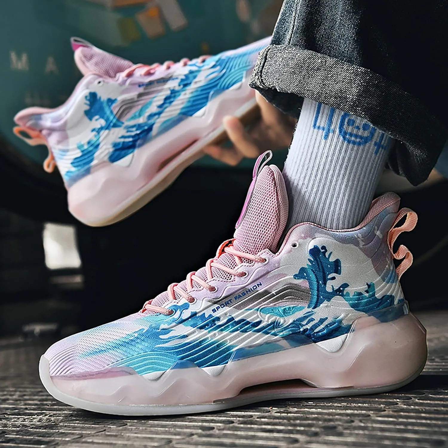 Men's Basketball Shoes High Top Anti Slip Shock-Absorbing Running Shoes Fashionable Durable Training Boots
