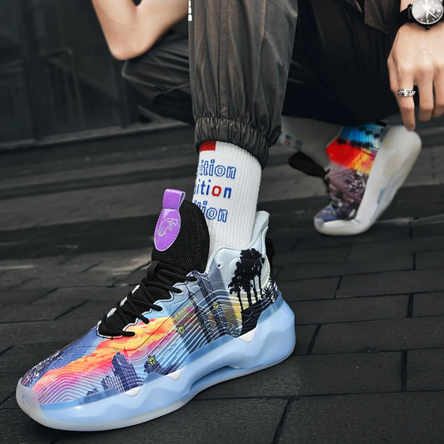 Men's Basketball Shoes High Top Anti Slip Shock-Absorbing Running Shoes Fashionable Durable Training Boots