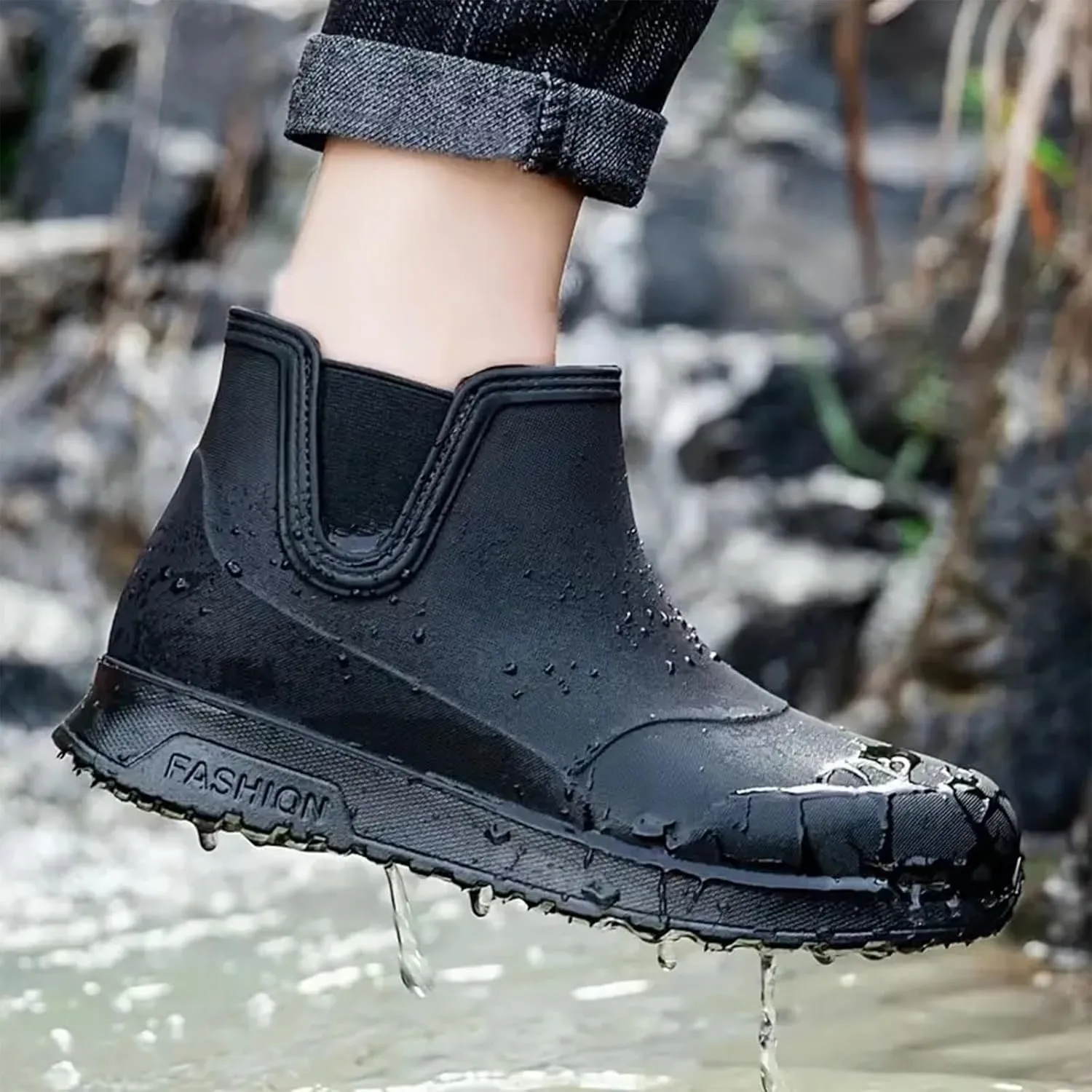 Men's Comfortable Insole Rain Boots Durable Mid Calf Deck Boots Waterproof Non Slip Rain Shoes Men Casual Garden Shoes Lightweight Kitchen Labor Shoe Black Fishing Shoe Water Footwear