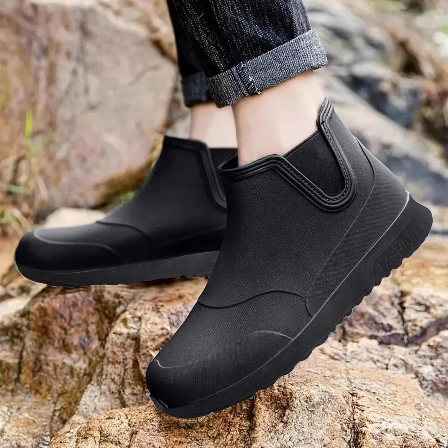 Men's Comfortable Insole Rain Boots Durable Mid Calf Deck Boots Waterproof Non Slip Rain Shoes Men Casual Garden Shoes Lightweight Kitchen Labor Shoe Black Fishing Shoe Water Footwear