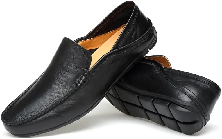 Men's Genuine Leather Loafers, Slip-on Driving Moccasins, Casual Flats, Brown,Blue,Black