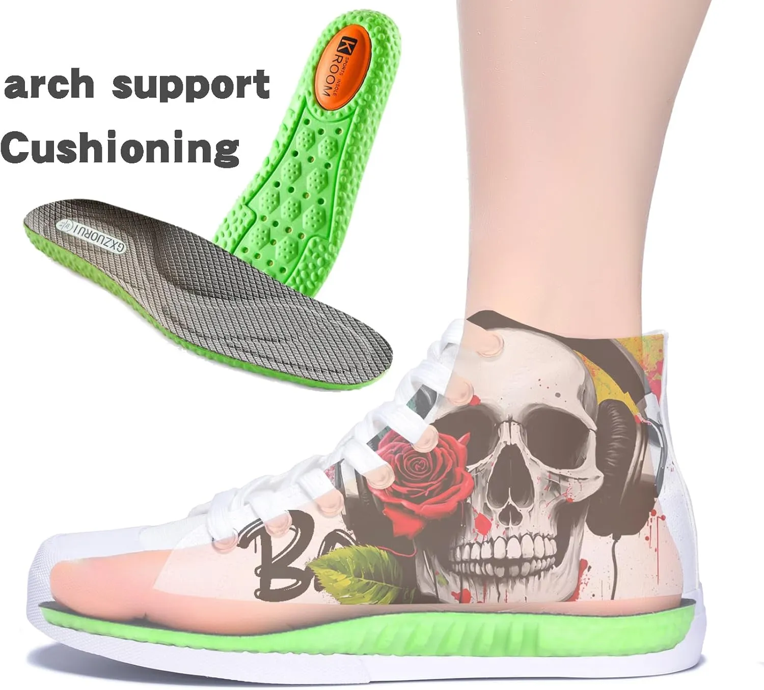 Mens High Top Canvas Sneakers Skull and Rose Print White Lace up Classic Casual Women Walking Shoes
