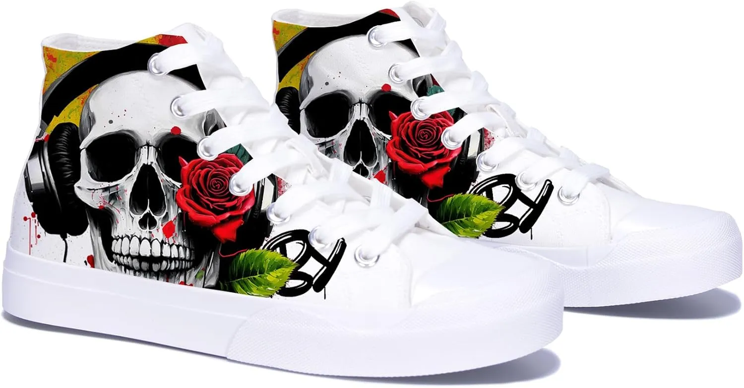 Mens High Top Canvas Sneakers Skull and Rose Print White Lace up Classic Casual Women Walking Shoes