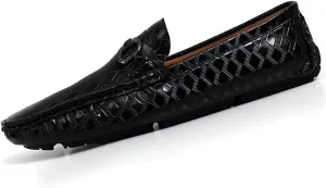 Men's Leather Loafers Black Slip-On Design Driving Loafers with Buckle Moccasins Shoes 10 Inches