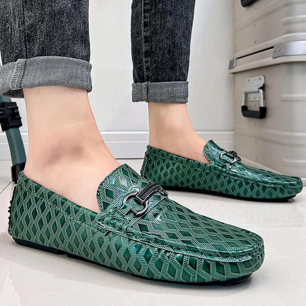 Men's Leather Loafers Black Slip-On Design Driving Loafers with Buckle Moccasins Shoes 10 Inches