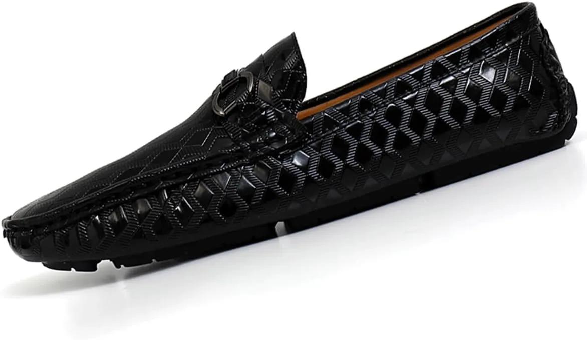 Men's Leather Loafers Black Slip-On Design Driving Loafers with Buckle Moccasins Shoes 10 Inches