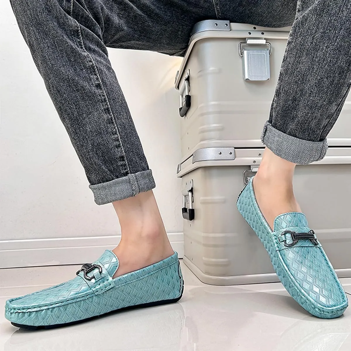 Men's Leather Loafers Black Slip-On Design Driving Loafers with Buckle Moccasins Shoes 10 Inches