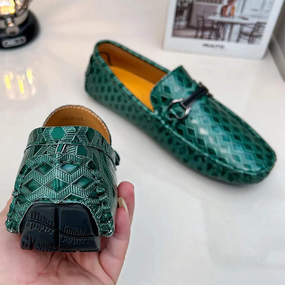 Men's Leather Loafers Black Slip-On Design Driving Loafers with Buckle Moccasins Shoes 10 Inches
