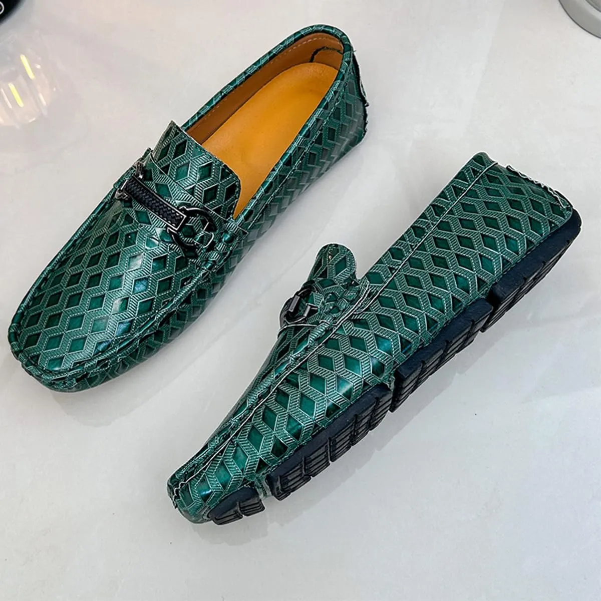 Men's Leather Loafers Black Slip-On Design Driving Loafers with Buckle Moccasins Shoes 10 Inches