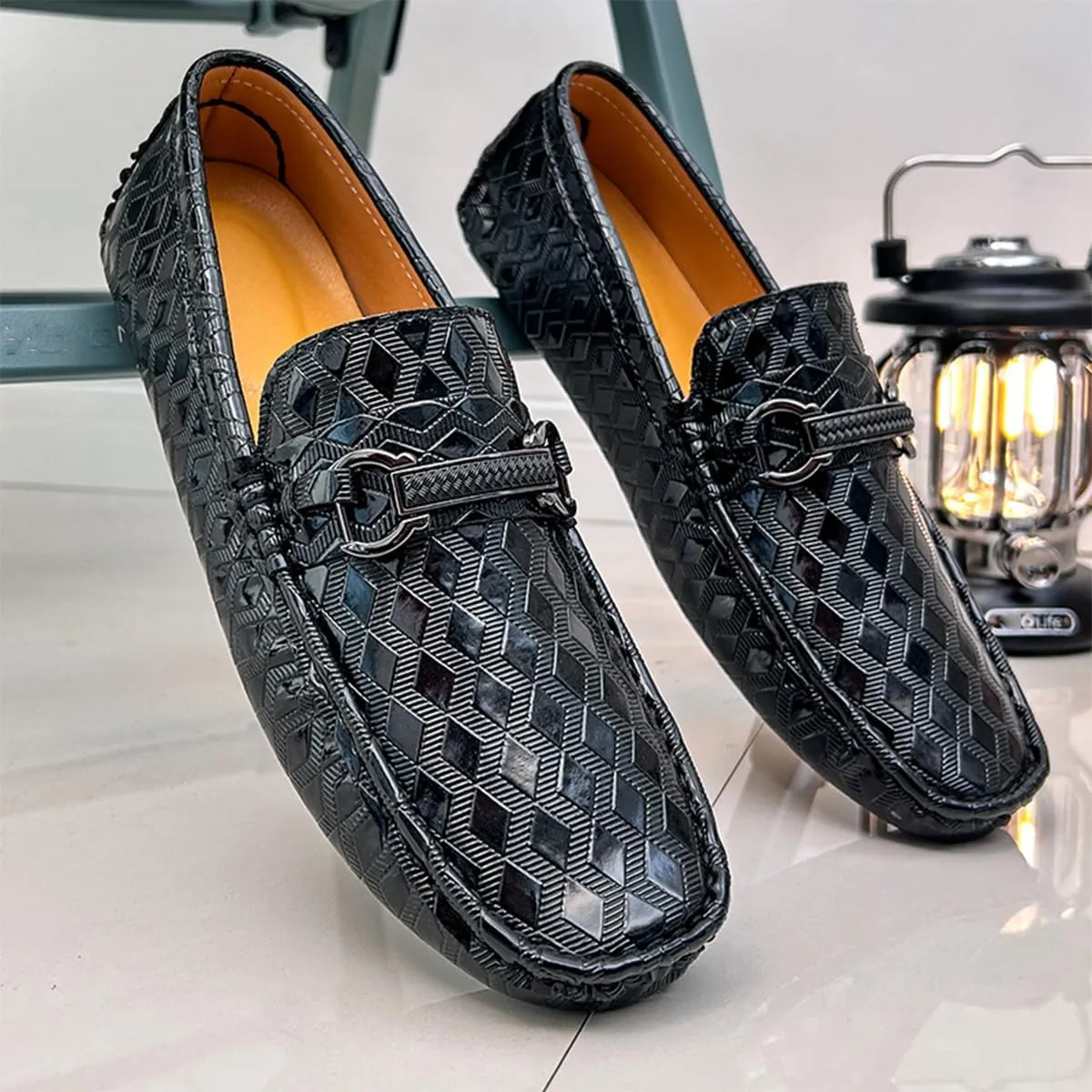 Men's Leather Loafers Black Slip-On Design Driving Loafers with Buckle Moccasins Shoes 10 Inches