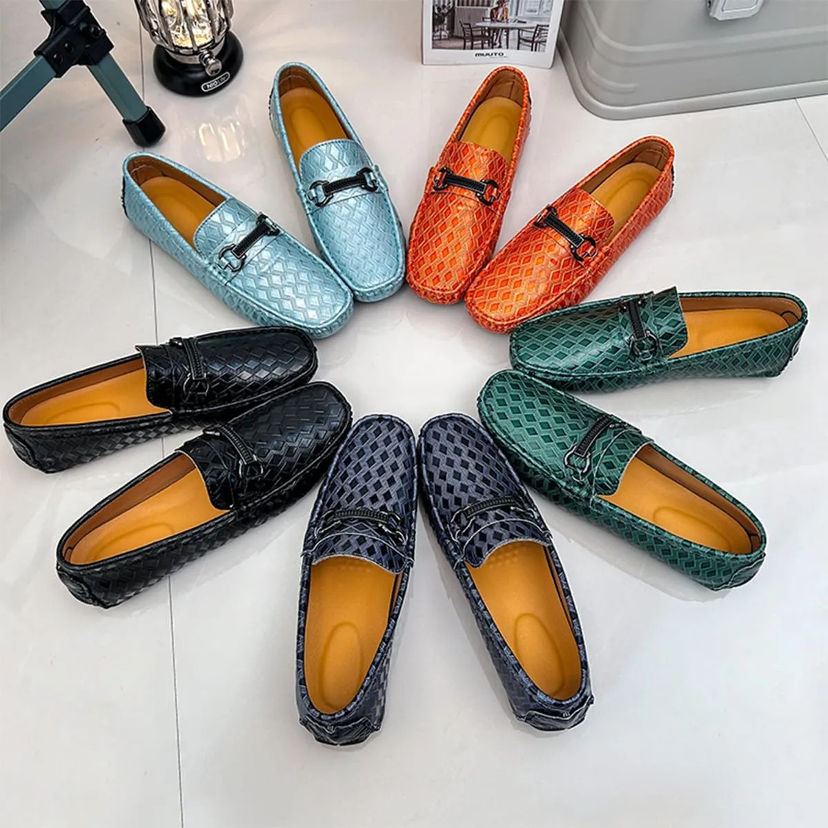 Men's Leather Loafers Black Slip-On Design Driving Loafers with Buckle Moccasins Shoes 10 Inches