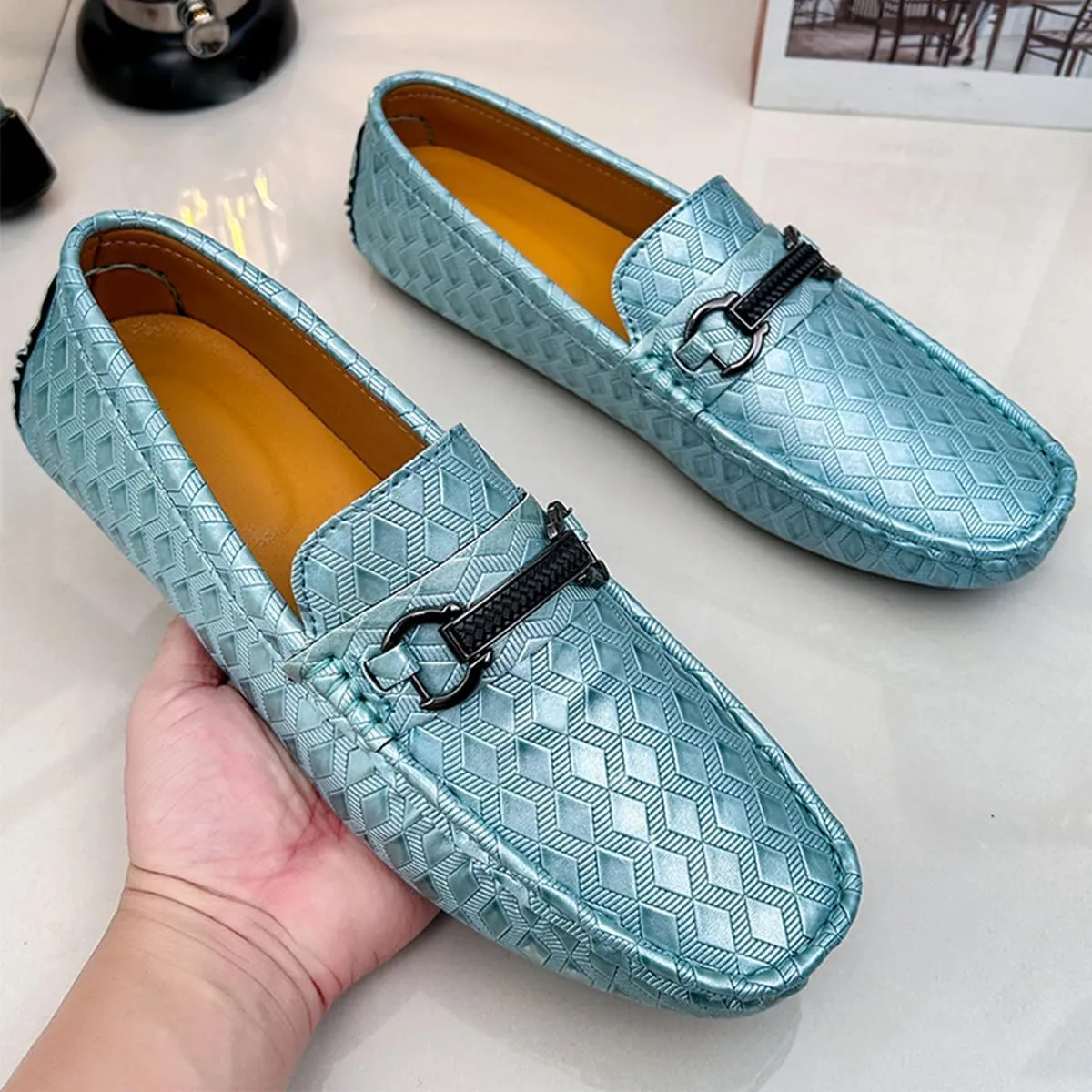 Men's Leather Loafers Black Slip-On Design Driving Loafers with Buckle Moccasins Shoes 10 Inches
