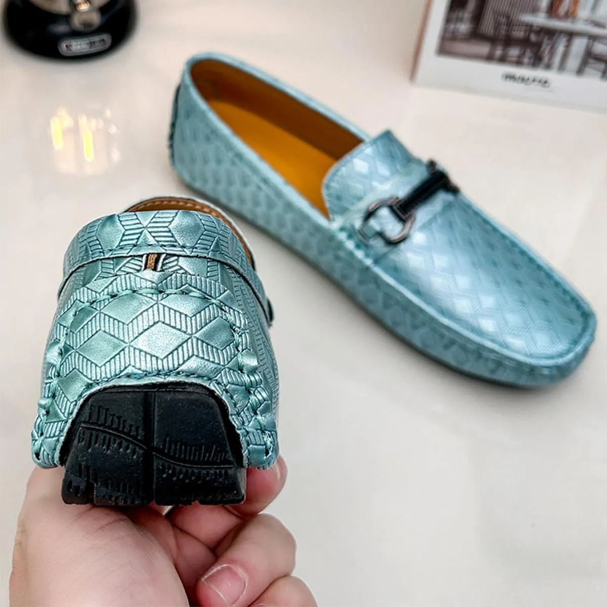 Men's Leather Loafers Black Slip-On Design Driving Loafers with Buckle Moccasins Shoes 10 Inches