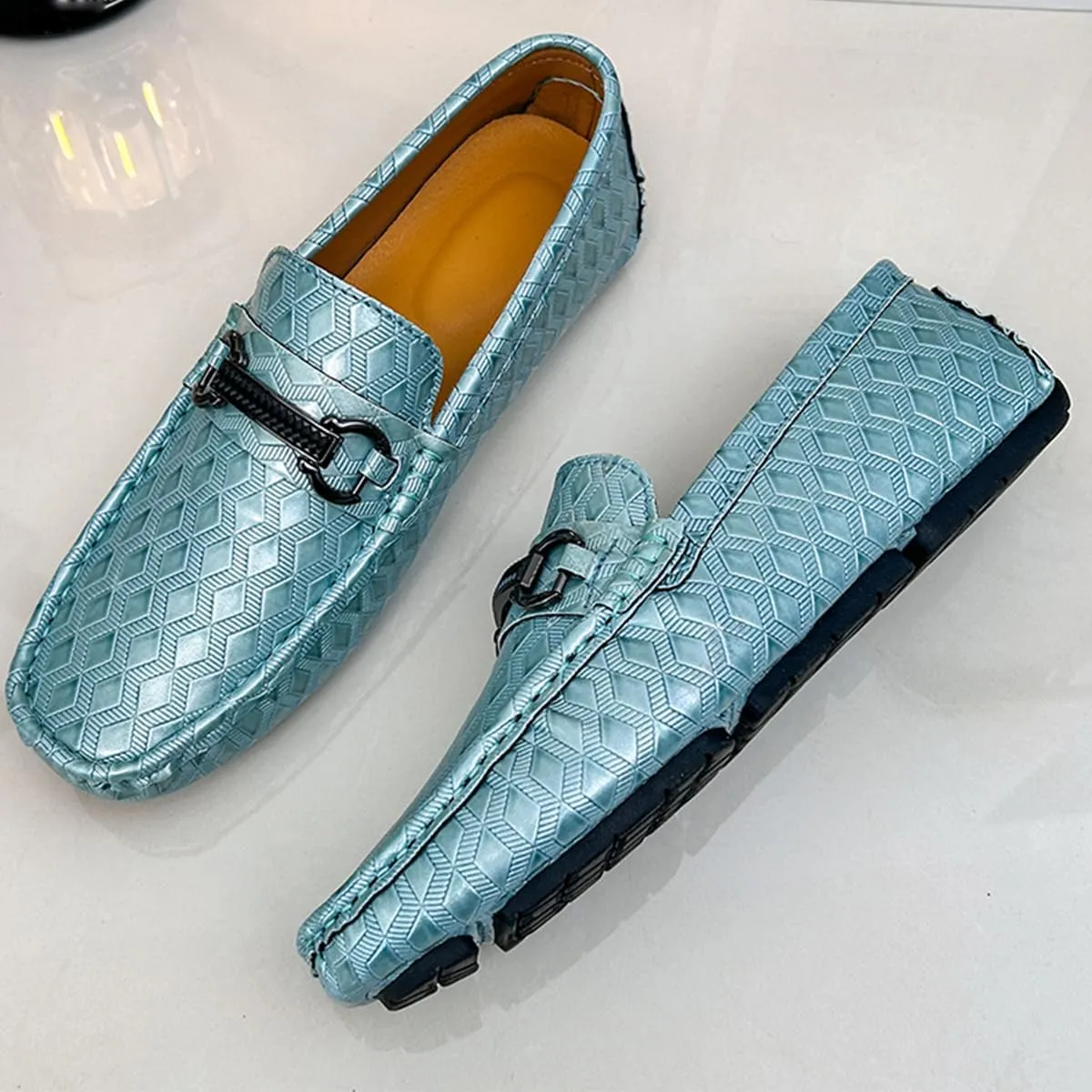 Men's Leather Loafers Black Slip-On Design Driving Loafers with Buckle Moccasins Shoes 10 Inches