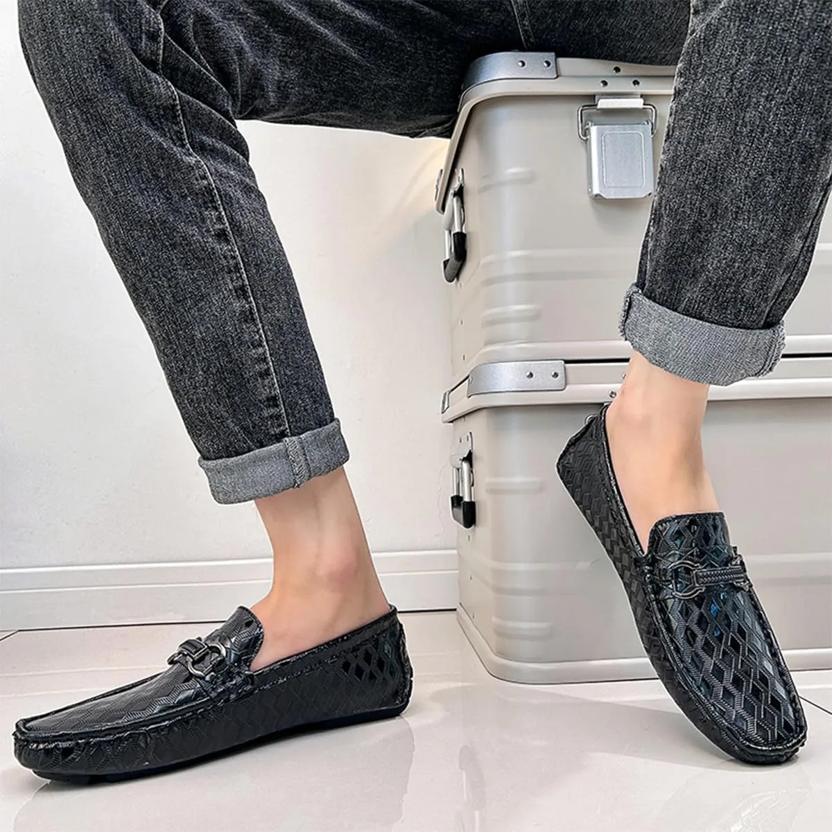 Men's Leather Loafers Black Slip-On Design Driving Loafers with Buckle Moccasins Shoes 10 Inches
