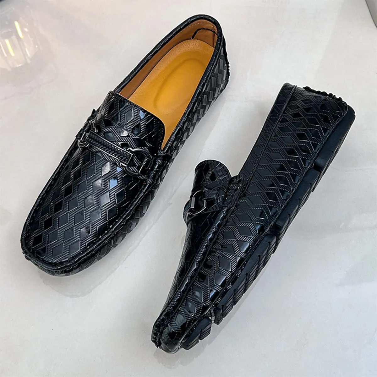 Men's Leather Loafers Black Slip-On Design Driving Loafers with Buckle Moccasins Shoes 10 Inches