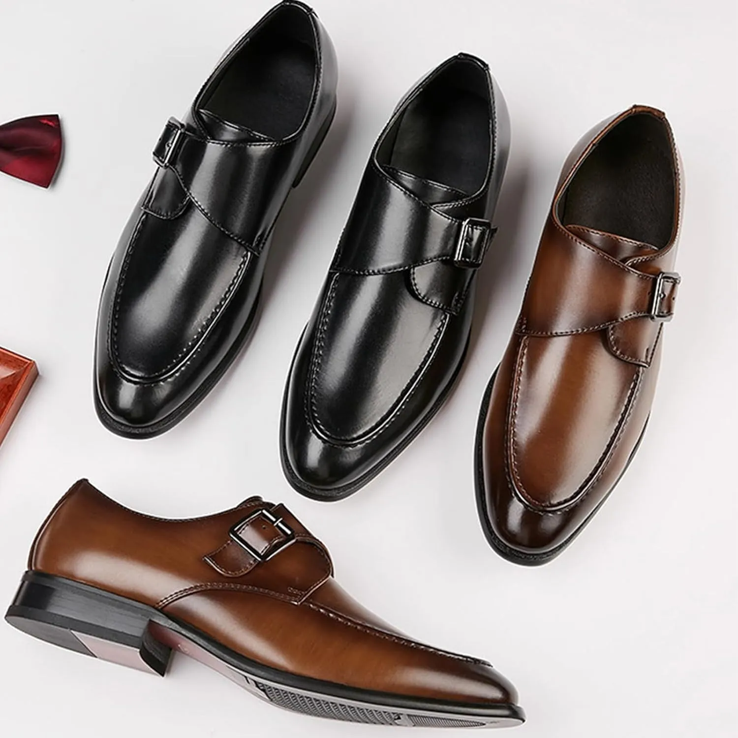 Men's Leather Monk Buckle Low Heel Loafers Fashionable Round Toe Thick Heel Non-Slip Slip-On Business Tuxedo Oxford Shoes Classic Formal Leather Shoes