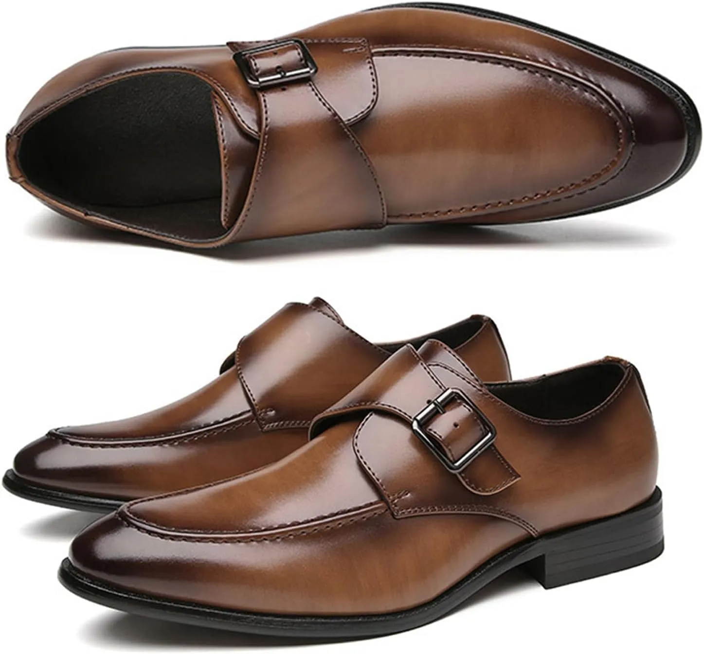 Men's Leather Monk Buckle Low Heel Loafers Fashionable Round Toe Thick Heel Non-Slip Slip-On Business Tuxedo Oxford Shoes Classic Formal Leather Shoes
