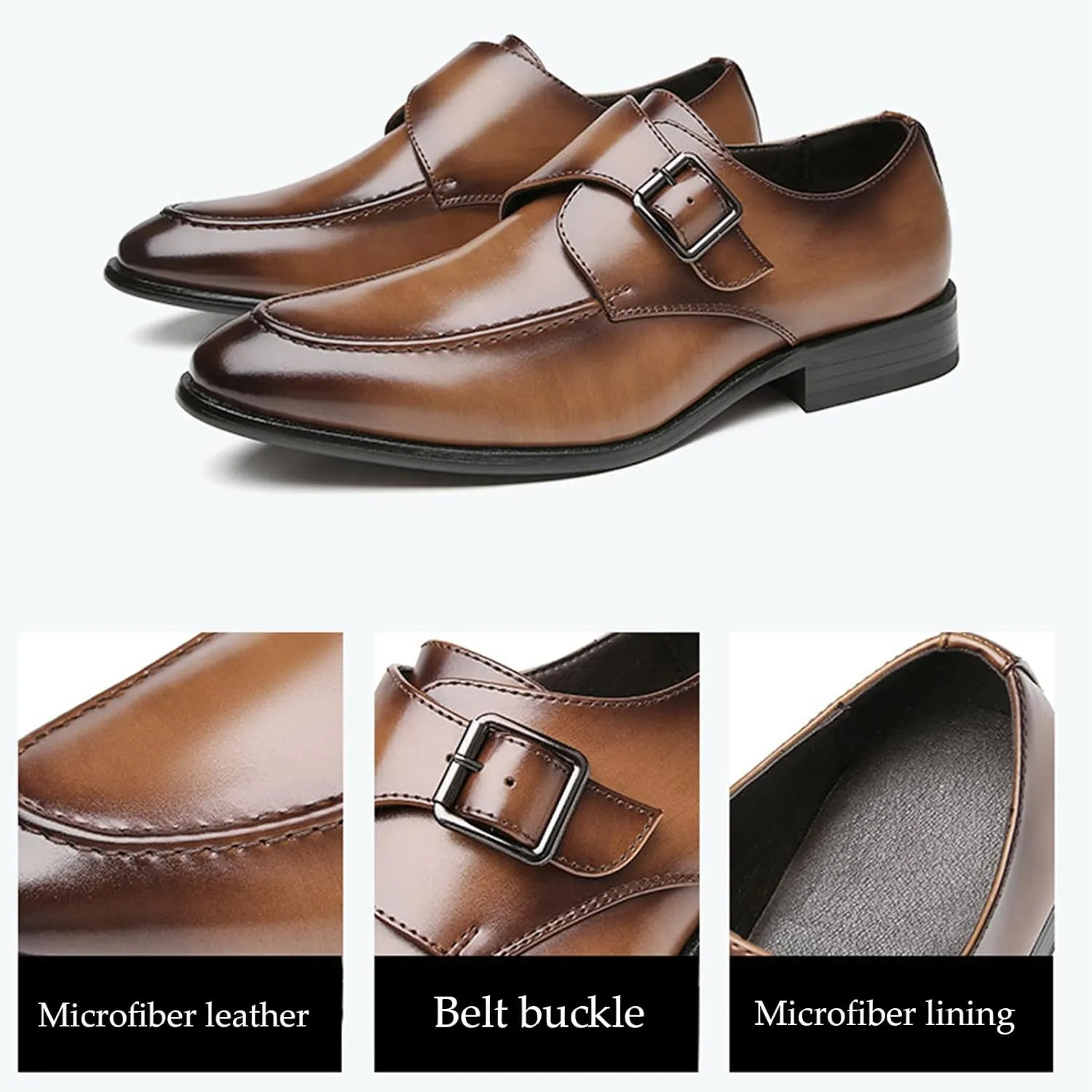 Men's Leather Monk Buckle Low Heel Loafers Fashionable Round Toe Thick Heel Non-Slip Slip-On Business Tuxedo Oxford Shoes Classic Formal Leather Shoes