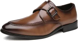 Men's Leather Monk Buckle Low Heel Loafers Fashionable Round Toe Thick Heel Non-Slip Slip-On Business Tuxedo Oxford Shoes Classic Formal Leather Shoes