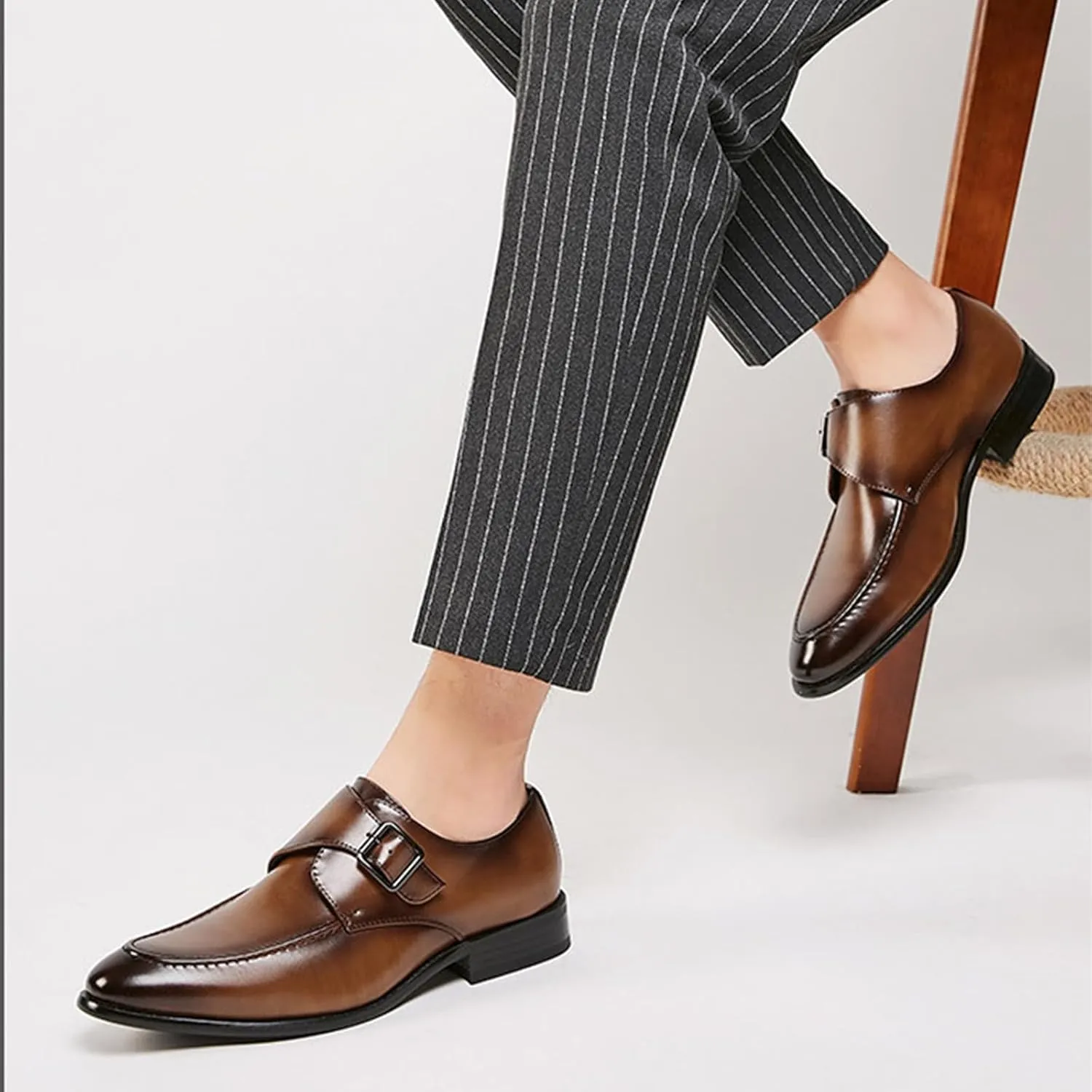Men's Leather Monk Buckle Low Heel Loafers Fashionable Round Toe Thick Heel Non-Slip Slip-On Business Tuxedo Oxford Shoes Classic Formal Leather Shoes
