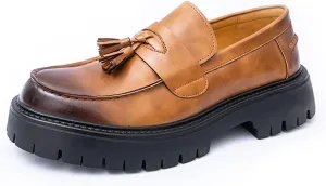 Men's Leather Tassel Platform Penny Loafers Comfort Wide Round Toe Non Slip Lug Sole Slip On Dress Shoes Business Office Casual Shoes