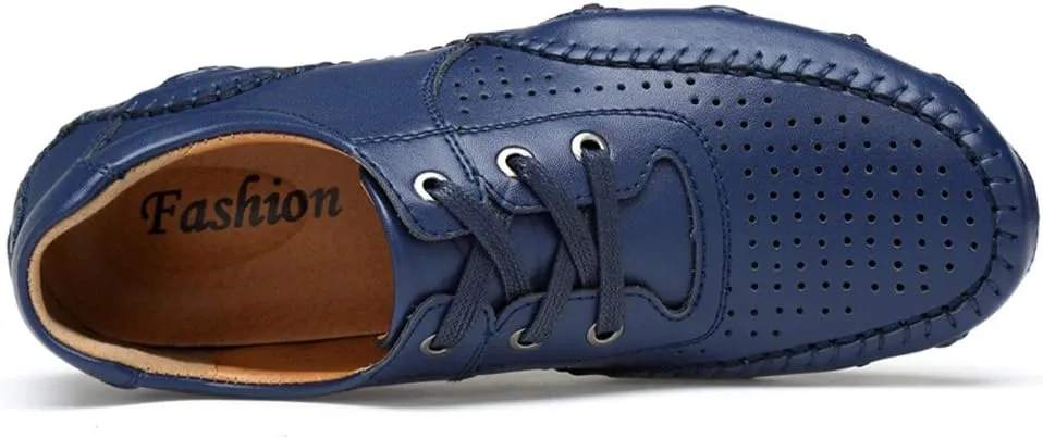 Men's Non-Slip Breathable Outdoor Loafers Hollow Out Leather Driving Walking Shoes Lace Up Casual Boat Shoes