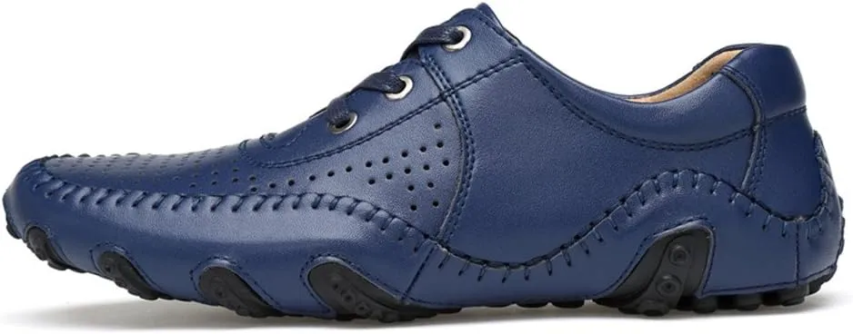 Men's Non-Slip Breathable Outdoor Loafers Hollow Out Leather Driving Walking Shoes Lace Up Casual Boat Shoes